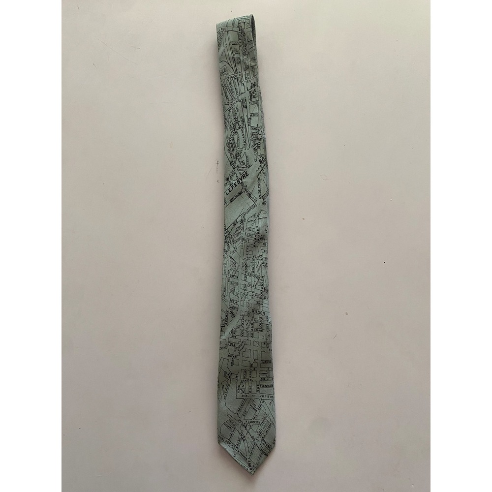 Mens Paris France‎ Street Map Print Necktie Sage Green Black Travel Theme Tie